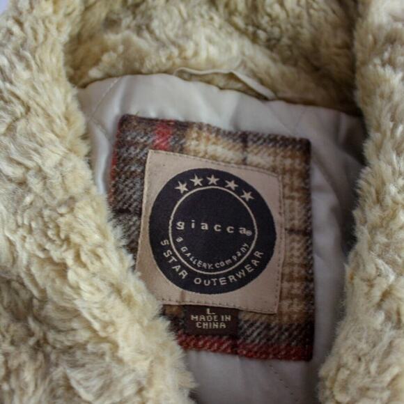 Giacca Plaid Wool Blend Jacket Faux Fur Collar Chore Coat Barn Cabin L - Picture 4 of 5